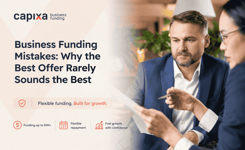 A business owner reviewing a funding offer with a broker